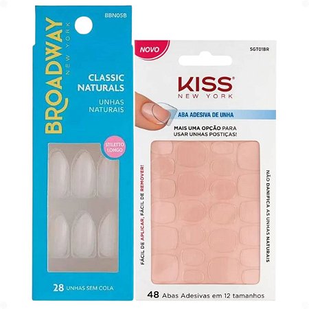 Kit Kiss New York: Unhas Postiças Stiletto Longo Power e Abas Adesivas De Unhas
