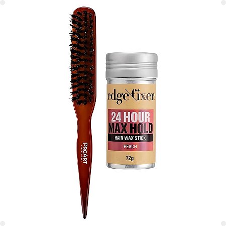 Kit Cera Fixadora de Cabelo Edge Fixer Kiss New York Pêssego e Escova para Acabamento e Penteado Proart