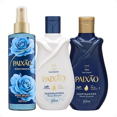Kit Paixão Inspiradora Rosas Brancas: Loção Hidratante, Óleo Corporal e Body Splash 200ml