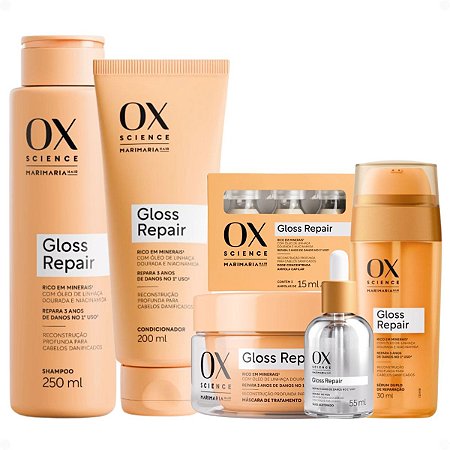 Kit Ox Mari Maria Hair Gloss Repair: Shampoo 250ml, Condicionador 200ml, Máscara 180g, 3 Ampolas, Sérum 30ml e Óleo Capilar 55ml