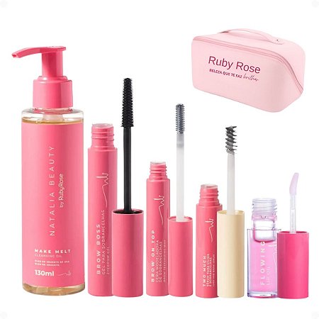 Kit Ruby Rose Natalia Beauty: Cleansing Oil, Gel Para Sobrancelhas, Cera Modeladora, Sérum Para Cílios e Lip Oil + Mimo