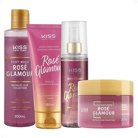 Kit Kiss Ny Rosé Glamour: Sabonete Líquido 300ml, Esfoliante Corporal 280g, Body Splash 200ml e Loção Hidratante 180ml