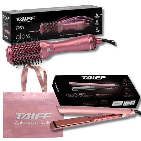 Kit Taiff Gloss Rose: Escova Secadora e Chapa Bivolt + Mimo Sacola