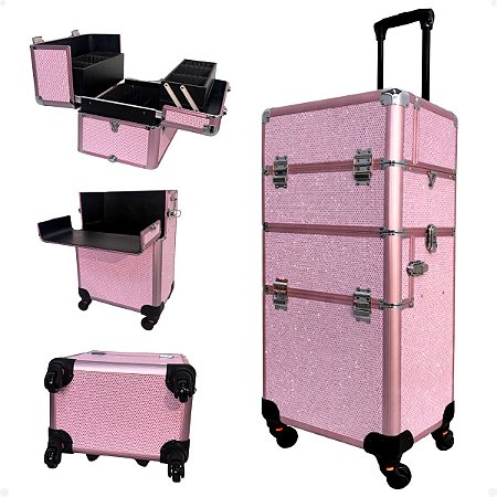 Maleta Carrinho 2 em 1 Klass Vough 2 Andares 4 Rodinhas Rosa com Brilho DB-913R