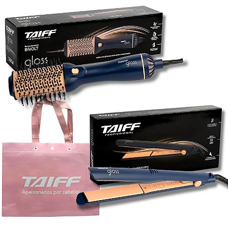 Kit Taiff Gloss Azul: Escova Secadora e Chapa Bivolt + Mimo Sacola