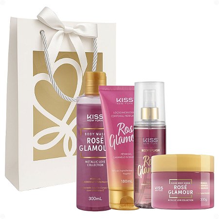Kit Presente Kiss Ny Rosé Glamour: Sabonete Líquido 300ml, Esfoliante Corporal 280g, Body Splash 200ml e Loção Hidratante 180ml