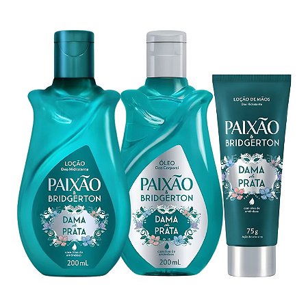 Kit Paixão Bridgerton Dama de Prata: Loção Hidratante, Óleo Corporal 200ml e Loção Hidratante de Mãos 75g