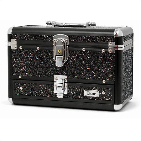 Maleta de Maquiagem Cisne Linha Shine Preto Glitter e Preto com 1 Bandeja e Gaveta Csn-5141b
