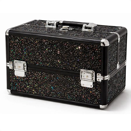 Maleta de Maquiagem Cisne Linha Shine Preto Glitter e Preto com 2 Bandeja Csn 5142B