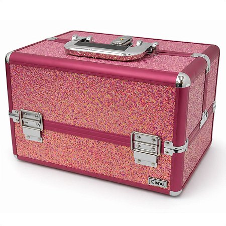 Maleta de Maquiagem Cisne Linha Shine Pink Glitter e Rosa com 3 Bandejas Csn-5171b