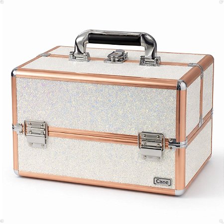 Maleta de Maquiagem Cisne Linha Shine Branca Glitter e Rose com 3 Bandejas Csn-5171b