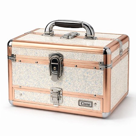 Maleta de Maquiagem Cisne Linha Shine Branco Glitter e Rose com 1 Bandeja e Gaveta Csn-5141b