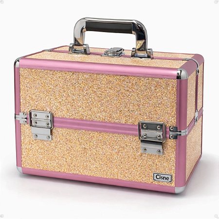 Maleta de Maquiagem Cisne Linha Shine Salmão Glitter e Rosa com 3 Bandejas Csn-5171b