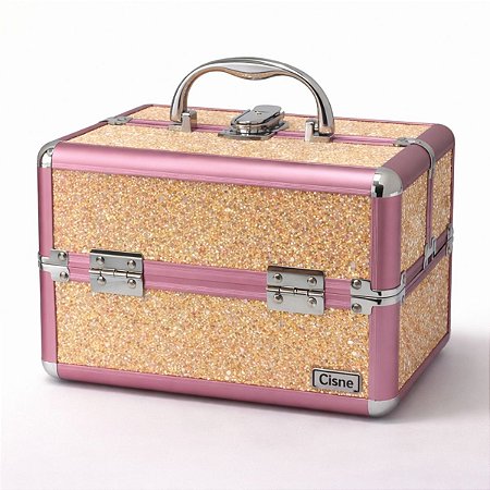 Maleta de Maquiagem Cisne Linha Shine Salmão Glitter e Rosa com 2 Bandeja Csn-5142B