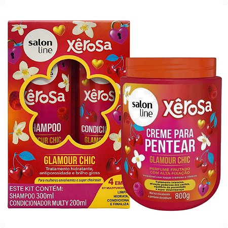 Kit Salon Line Xêrosa Glamour Chic: Shampoo 300ml e Condicionador Multy 200ml + Creme Para Pentear 800g
