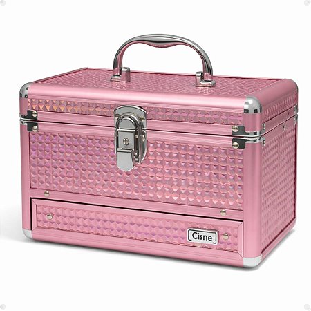 Maleta de Maquiagem Cisne Rosa e Prata com 1 Bandeja e Gaveta Csn-a140
