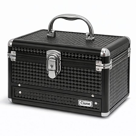 Maleta de Maquiagem Cisne Preta e Prata com 1 Bandeja e Gaveta Csn-a140