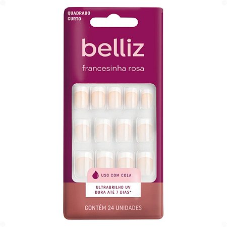 Unhas Postiças Belliz Francesinha Rosa Quadrado Curto Com 24 unidades Cód.:1204