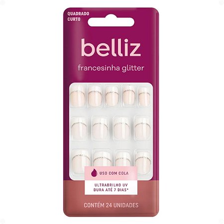 Unhas Postiças Belliz Francesinha Glitter Quadrado Curto Com 24 unidades Cód.:1206
