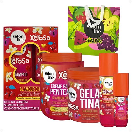 Kit Salon Line Xêrosa Glamour Chic: Shampoo 300ml, Condicionador 200ml, Creme 800g, Gelatina 500g, Óleo Sérum 200ml e Óleo Capilar 60ml + Mimo