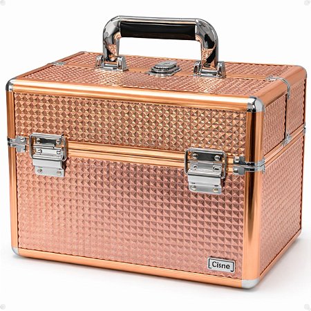 Maleta de Maquiagem Cisne Salmão e Prata com 3 Bandejas e Divisórias Csn-a192