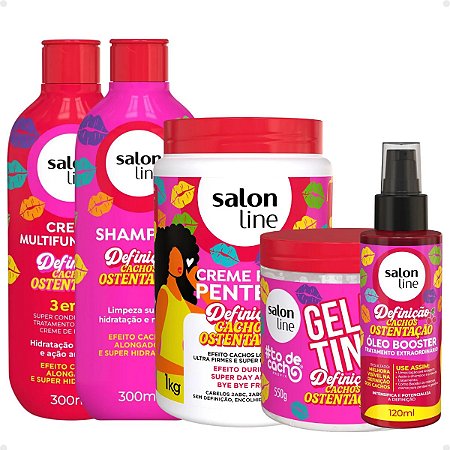 Kit Salon Line Definição Cachos Ostentação: Shampoo e Creme Multifuncional + Gelatina, Creme de Pentear 1Kg e Óleo Booster