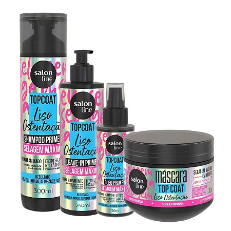 Kit Salon Line Top Coat Liso Ostentação: Shampoo 300ml, Máscara 300g, Levae-in 240ml e Óleo Capilar 120ml