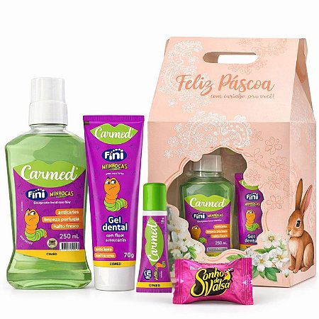Kit Páscoa Carmed Fini Minhocas: Gel Dental, Enxaguante, Hidratante Labial e Mimo