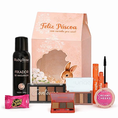 Kit Páscoa Maquiagem: Blush, Máscara, Paleta de Sobrancelhas, Paleta de Sombras, Contorno, Fixador e Mimo
