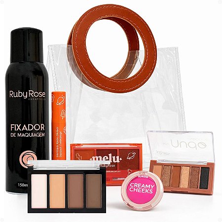 Kit Maquiagem: Blush, Máscara, Paleta de Sobrancelhas, Paleta de Sombras, Contorno e Fixador