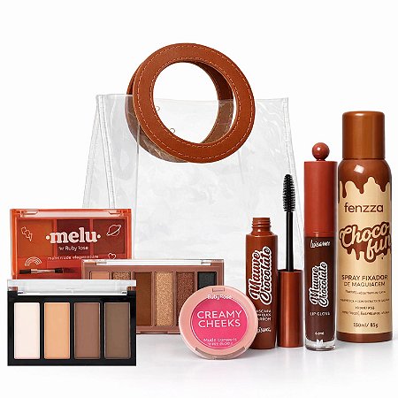 Kit Maquiagem e Sacola: Gloss, Blush, Máscara, Paleta de Sobrancelhas, Paleta de Sombras, Contorno e Fixador