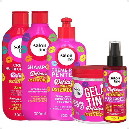 Kit Salon Line Definição Cachos Ostentação: Shampoo e Creme Multifuncional + Gelatina, Creme de Pentear 300ml e Óleo Booster
