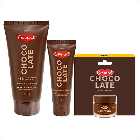 Kit Carmed Chocolate: Hidratante Corporal 150g, Creme Para Mãos 40g e Máscara Labial 8g