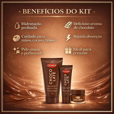Kit Carmed Chocolate: Hidratante Corporal 150g, Creme Para Mãos 40g e Máscara Labial 8g