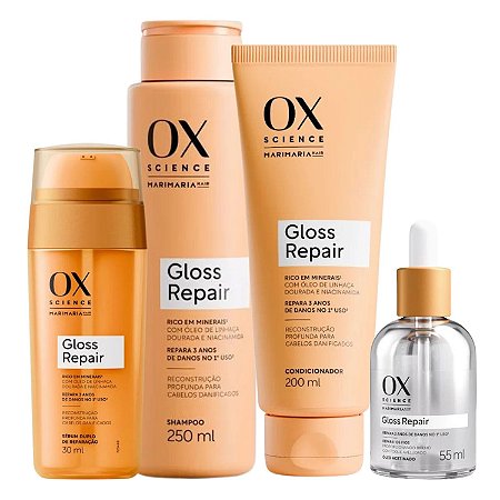 Kit Ox Science Mari Maria Hair Gloss Repair: Shampoo 250ml, Concicionador 200ml, Óleo Acetinado 55ml + Sérum duplo 30 ml