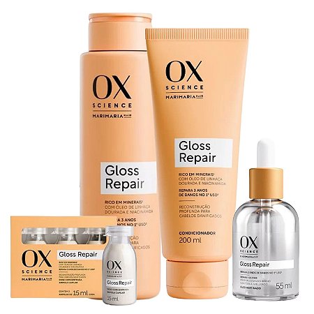 Kit Ox Science Mari Maria Hair Gloss Repair: Shampoo 250ml, Condicionador 200ml + Óleo 55ml + 3 Doses Concentradas