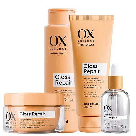 Kit Ox Science Mari Maria Hair Gloss Repair: Shampoo 250ml, Concicionador 200ml, Óleo Acetinado 55ml + Máscara 180g