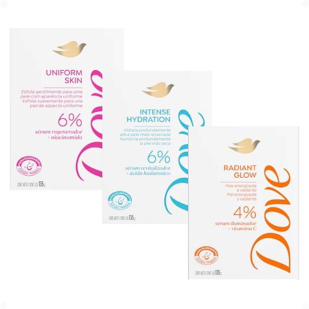 Kit Dove Sabonete Corporal: Uniform Skin, Intense Hydration e Radiant Glow 135g