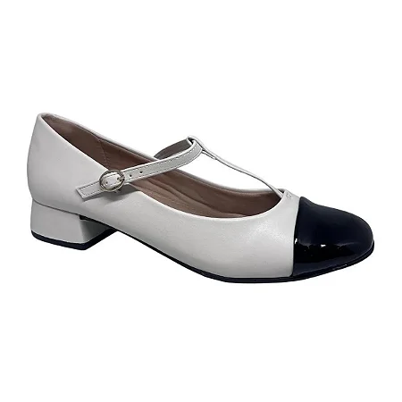 SAPATO BONECA MARRY JANE OFF WHITE/PRETO VERNIZ