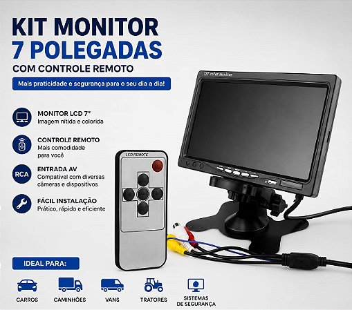 Tela Monitor 7" LCD-TFT Colorido 2 entradas de vídeo (2 AV-in)