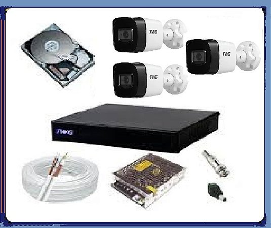 Kit CFTV TWG Full HD 1080p: DVR 4Ch 6 em 1 + 3 Câmeras Bullet + HD 500GB e 75m de Cabo
