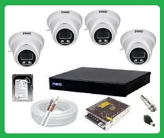 Kit CFTV TWG Full HD 1080p: DVR 4Ch 6 em 1 + 4 Câmeras Dome + HD 500GB e 100m de Cabo
