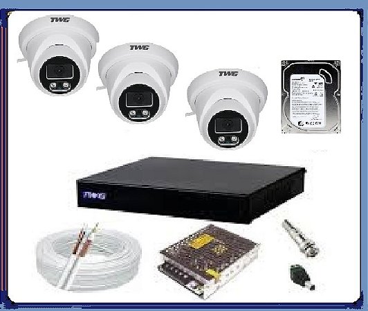 Kit CFTV TWG Full HD 1080p: DVR 4 Canais 6 em 1 + 3 Câmeras Dome + HD 500GB + 75m de Cabo