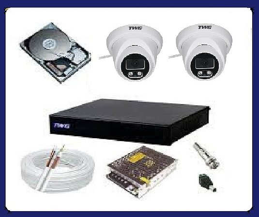 Kit CFTV TWG Full HD 1080p: DVR 4 Canais 6 em 1 + 2 Câmeras Dome + HD 500GB + 50m de Cabo