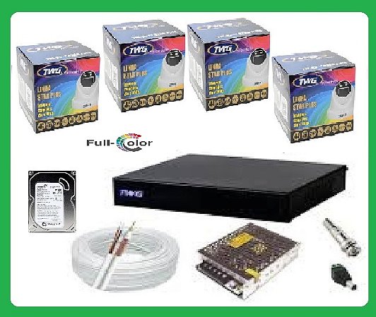 Kit CFTV TWG Full HD 1080p: DVR 4 Canais 6 em 1 + 4 Câmeras Dome Full Color Star Plus + HD 500GB + Cabo