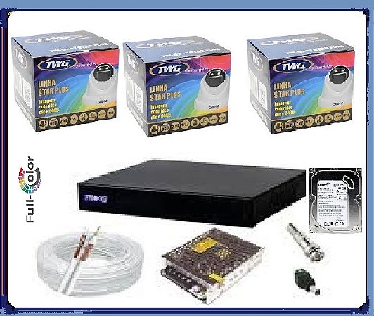 Kit CFTV TWG Full HD 1080p COMPLETO: DVR 4Ch + 3 Câmeras Dome Full Color + HD 500GB + 75m Cabo + Fonte 12V 5A e Conectores