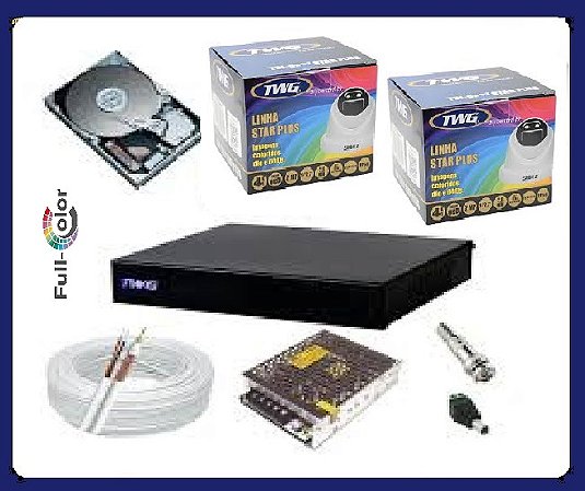 Kit CFTV TWG Full HD 1080p COMPLETO: DVR 4Ch + 2 Câmeras Dome Full Color + HD 500GB + 50m Cabo + Fonte 12V 5A e Conectores