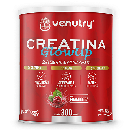 Creatina Glow Up com Colágeno Verisol® – 300 g Framboesa | Ganho Muscular e Pele