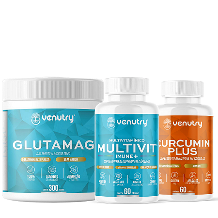Kit Imunidade - Curcumin Plus 60 cáps + Glutamag 300g + Multivit Imune 60 caps.