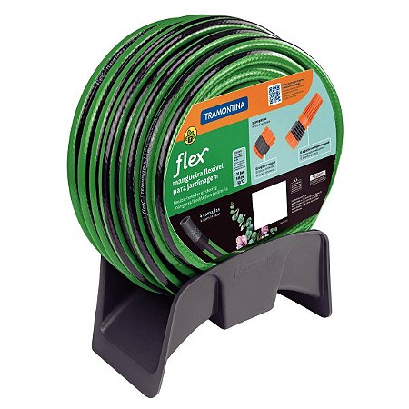 Mangueira Flex para Jardim Tramontina 79326/250 Verde com Faixa Preta em PVC 4 Camadas 25m com Engate Rosqueado, Esguicho e Suporte